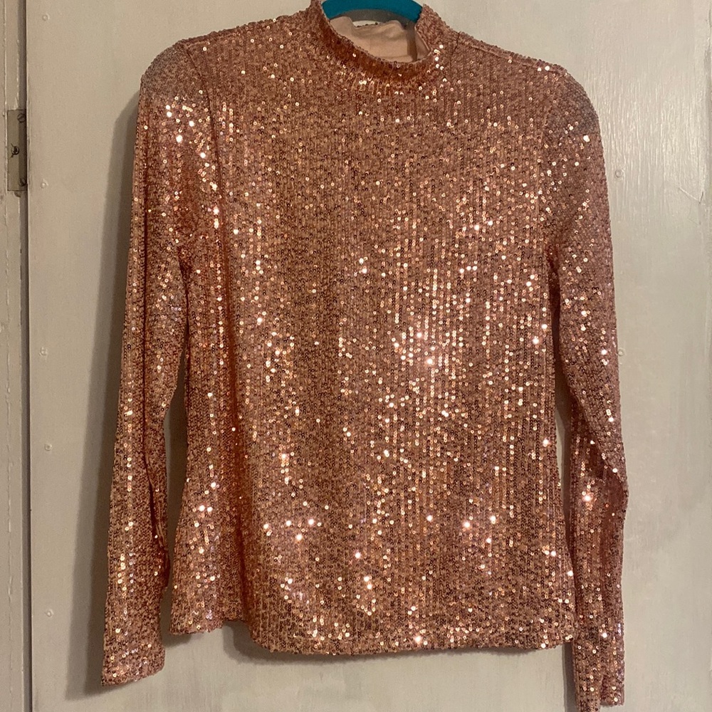 🆕 Pink Sequin Long Sleeve High Neck Long Sleeve